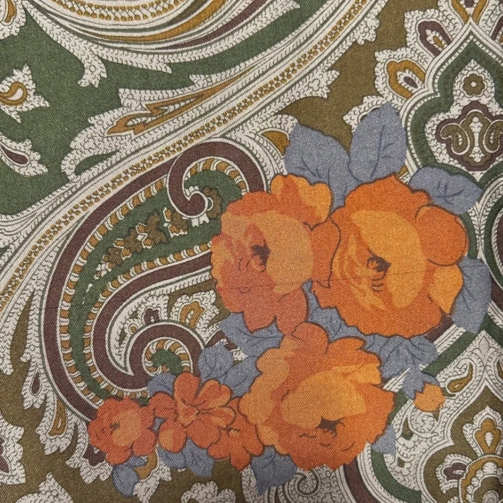 Reversible Wool Silk Scarf Made in Italy Floral Paisley‎ Green Orange Luxury
